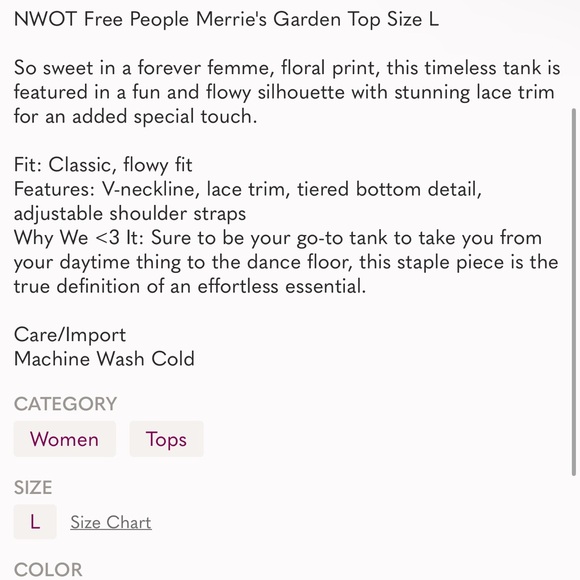 Free People! Merrie’s Garden Flowy Tank Top NWOT! - Picture 5 of 5